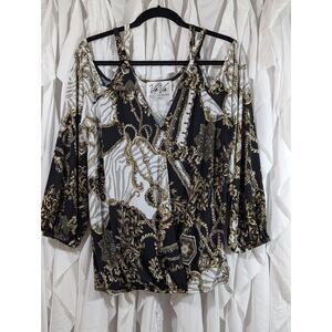 VaVa by Joy Han Rope & Chain Print Top XL Cold Shoulder Peasant Sleeve Faux Wrap